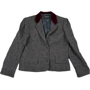 Chaus 100% Harris Tweed Wool Blazer 14 Gray Houndstooth Velvet Collar Jacket